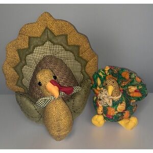 Thanksgiving Decor Turkey Shelf Sitter Farmhouse Vintage Lot Of 2 Quilt Cottage